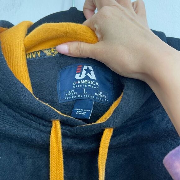 J. America Sportswear Mens Navy Yellow Hoodie Pullover Sweatshirt Size Large - Picture 5 of 6